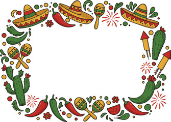 Obraz premium Mexican Independence Day Frame with Sombrero, Chili Peppers in Whimsical Doodle Style
