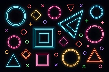 Vibrant neon geometric shapes on a dark background abstract design