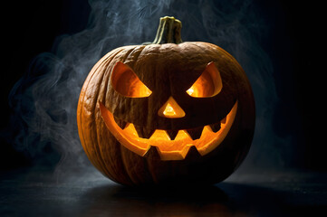 Naklejka premium Spooky jack o lantern glowing with an eerie light on a dark and misty halloween night
