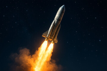Obraz premium Powerful rocket launch blasting off into dark night sky with fiery exhaust