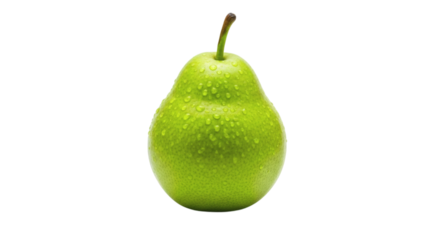 Vibrant green pear glistening with refreshing water droplets isolated against a sleek black background