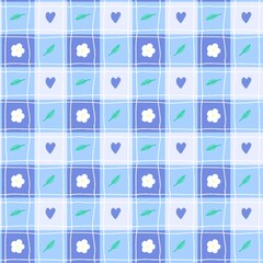 Blue Gingham Seamless Pattern with Hearts and Flowers