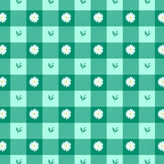Green Gingham Seamless Pattern with Daisies and Leaves