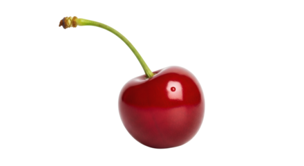 A vibrant single cherry isolated against dark backdrop showcases its perfect, ripe, and juicy appearance.