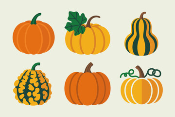 Harvest pumpkins and gourds set, rustic autumn vegetables with stems and leaves, farmhouse fall vector icons, thanksgiving decoration clipart