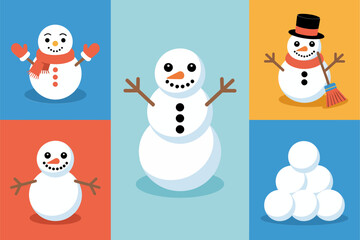 Cute snowman character set with carrot nose scarf hat and snowballs, winter vector icons for cards posters stickers and classrooms