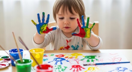 Adorable Toddler Making Handprint Art with Colorful Paints at Home