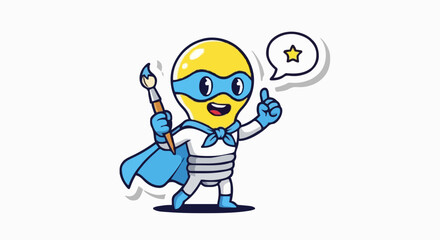 Cartoon light bulb superhero with a paintbrush, cape, and mask, giving a thumbs up and thinking of a star.