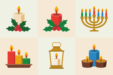 Candle grid icons vector, menorah lantern pillar candle, holiday decor set, winter celebration graphics for invitations social posts