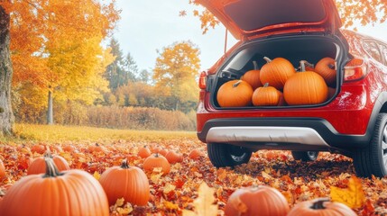 Autumn Pumpkin Haul: Red Car Trunk Filled with Harvest Pumpkins Amidst Vibrant Fall Leaves