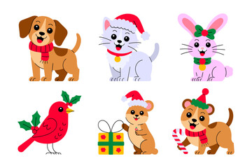 Festive pets illustration, cute dog cat and bunny with scarf and gifts, holiday animal characters, vector clipart for greeting cards