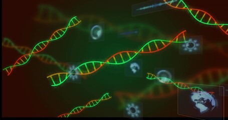 Drifting DNA helices initiating translucent data icons fading and shifting into science dashboard - Powered by Adobe