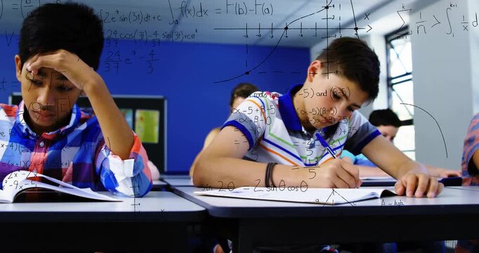 Classroom camera shifting checked teen joining striped teen writing animated math solving sums