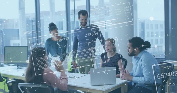 Team gathering, woman gesturing at laptop, data overlays sliding, fueling live business decisions - Powered by Adobe