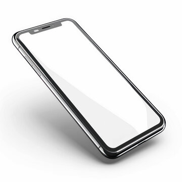 A sleek, black smartphone with a blank screen, floating in mid-air against a transparent background