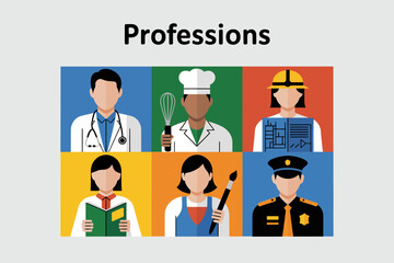 Professions avatar set featuring doctor nurse farmer engineer chef worker and police officer, occupation characters, flat vector illustration