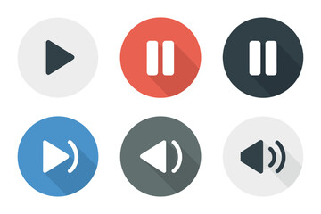 Media player control button icons, play pause stop previous next volume symbols in circles, modern interface vector collection