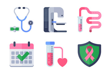 Medical screening and prevention icons stethoscope mammogram calendar checklist lab tube vaccine vial protective shield with ribbon vector