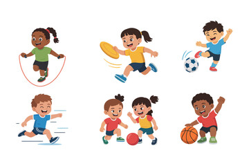 Children sports team vector, diverse kids running and playing, soccer basketball tennis games, youth fitness activity illustration