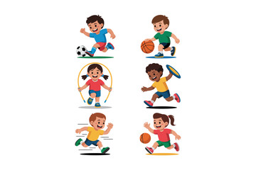 Active kids sports vector, children playing soccer basketball skating, physical education activities, school fitness illustration