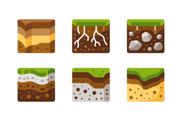 Earth layers infographic tiles, topsoil subsoil bedrock roots moisture gravel sand, geology science icons, agriculture study vector collection