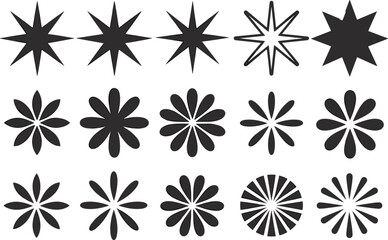 Collection of Black Starburst and Flower Shapes on White Background floral