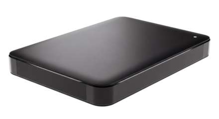 Sleek external hard drive against black, simple storage solution reflecting light in a modern way.