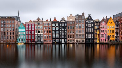 Fototapeta premium Colorful Amsterdam houses reflect on canal