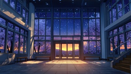 Night scene in a spacious hall with large windows showing a starry sky, cherry blossoms, and a sunset