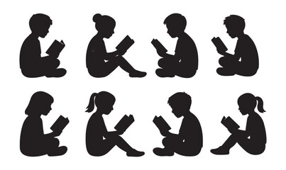 Silhouette of children reading books while sitting in different poses, student study illustration set, education and learning concept design.