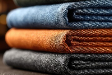 Neatly stacked denim pants in various colors and shades