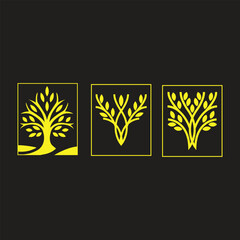 Golden Trees in Rectangular Frames Logo Set – Elegant Luxury Nature Emblem Collection