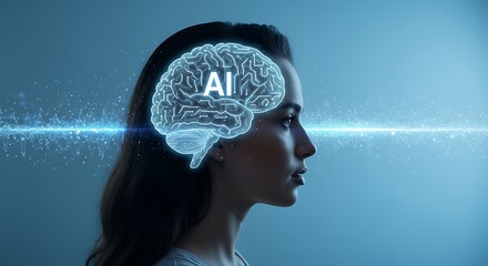 A woman's profile, AI brain graphic overlaid, concept of artificial intelligence and human cognition.