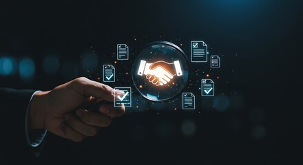 Businessman's hand touching a virtual interface with a glowing handshake icon, symbolizing a digital agreement, trust, and partnership.