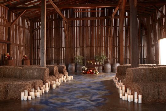 Rustic barn wedding ceremony setup with hay bales, candles, and autumnal decor