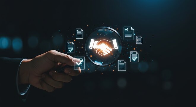 Businessman's hand touching a virtual interface with a glowing handshake icon, symbolizing a digital agreement, trust, and partnership.