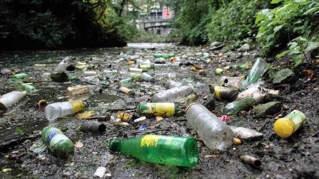 Riverbank littered with discarded plastic bottles and other trash
