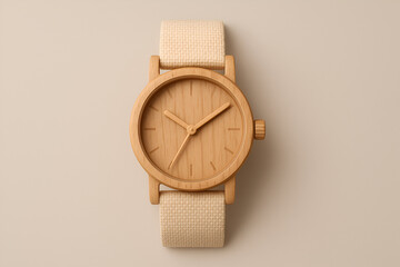 Realistic wooden wristwatch with beige organic fabric strap, captured on a neutral background with soft lighting for eco-friendly and minimalist product presentation.