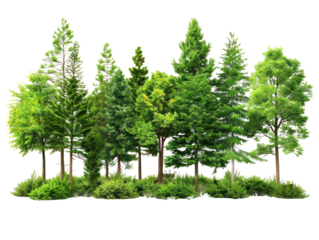 A group of green and yellow trees with a transparent background