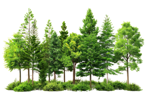 A group of green and yellow trees with a transparent background