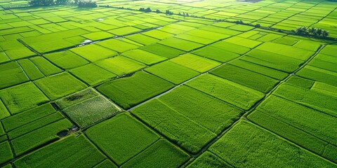 A vibrant green and red field of rice paddies with a clear blue sky in the background.