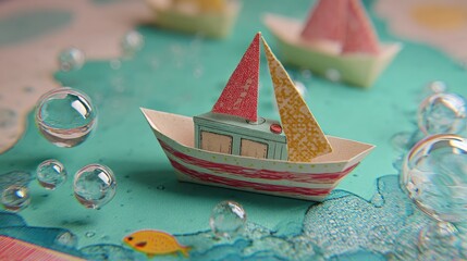 Tiny paper ships on a teal sea, with bubbles