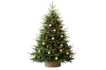 Obraz premium Medium Christmas tree in wicker basket with gold ornaments, pine cones, warm lights, isolated on a transparent background