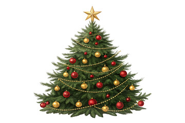 Fototapeta premium Large Christmas tree with red gold ornaments beaded garland golden star topper, isolated on a transparent background