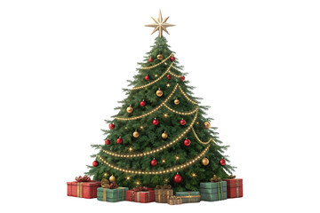 Naklejka premium Christmas tree with gold star topper red gold ornaments gift boxes beneath, isolated on a transparent background
