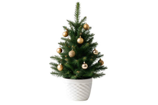 Small tabletop Christmas tree in white pot with gold ornaments and textured decorations, isolated on a transparent background