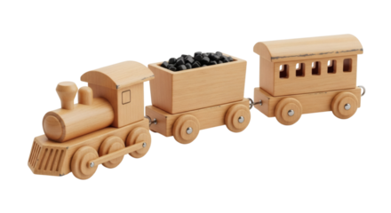 Wooden Toy Train with Coal Car and Passenger Carriage Isolated on Black Background for Kids