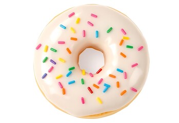 Freshly baked donut, generously coated with smooth white vanilla icing and a vibrant scattering of cheerful, multicolored sprinkles, isolated on white