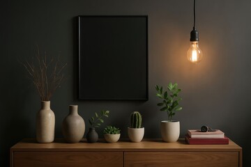 Minimalist Interior Arrangement featuring Artwork, Plants, and Warm Lighting Composition