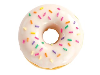 A delicious frosted donut with white vanilla icing and colorful rainbow sprinkles isolated on a clean white background, top view shot
